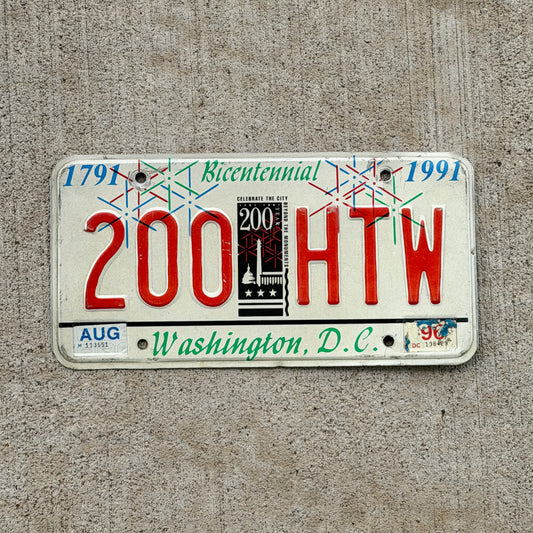 Photo of a 1991 Washington DC License Plate Auto Tag 1 Vintage Garage DC Bicentennial 200 HTW with original patina