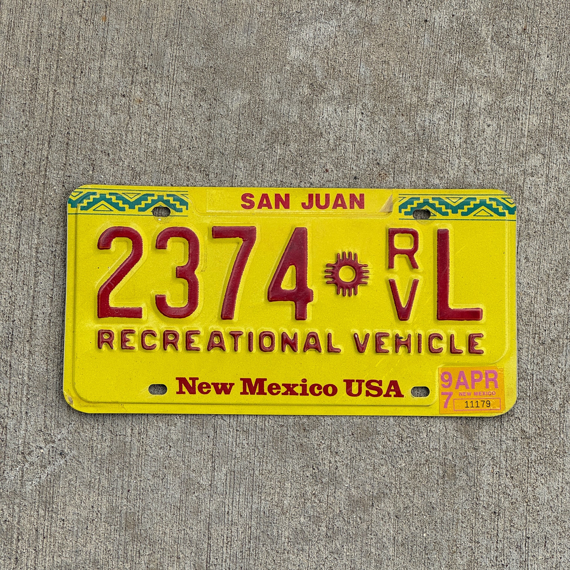 Photo of a 1992 1997 New Mexico Recreational vehicle License Plate Auto Tag Garage Decor Vintage 2374 L with original patina