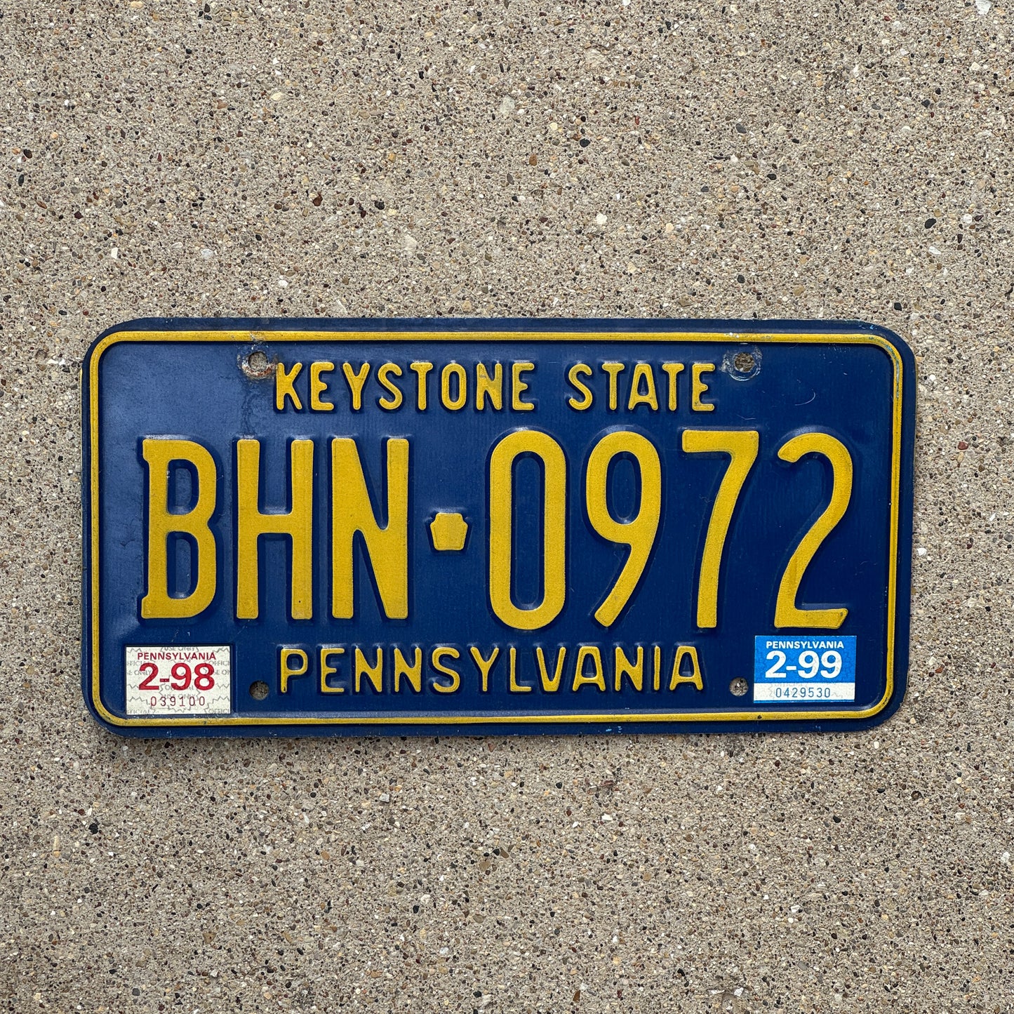 Photo of a 1992 1999 Pennsylvania License Plate Auto Tag Garage Decor Vintage BHN 0972 with original patina