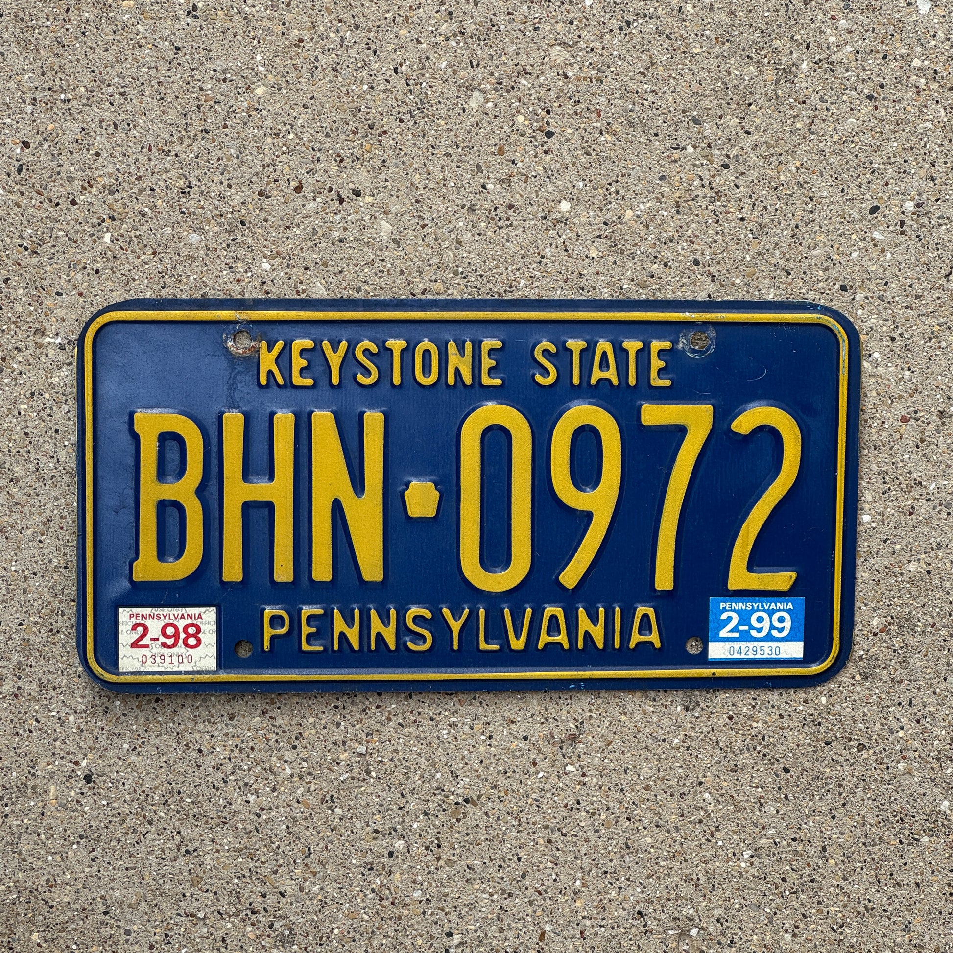 Photo of a 1992 1999 Pennsylvania License Plate Auto Tag Garage Decor Vintage BHN 0972 with original patina