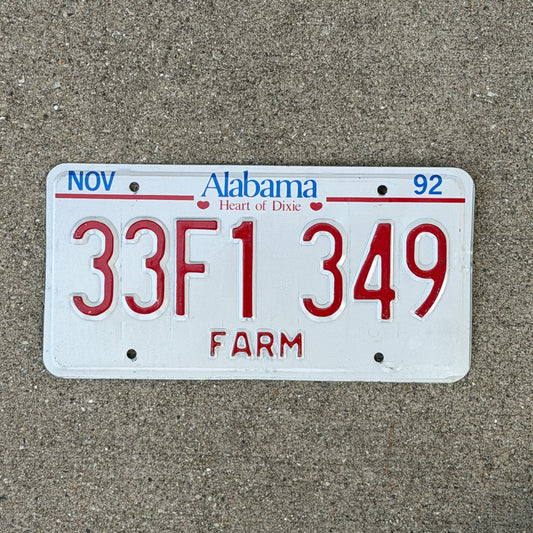 Photo of a 1992 Alabama Farm Truck License Plate Auto Tag Garage Decor Vintage 33F1 349 with original patina