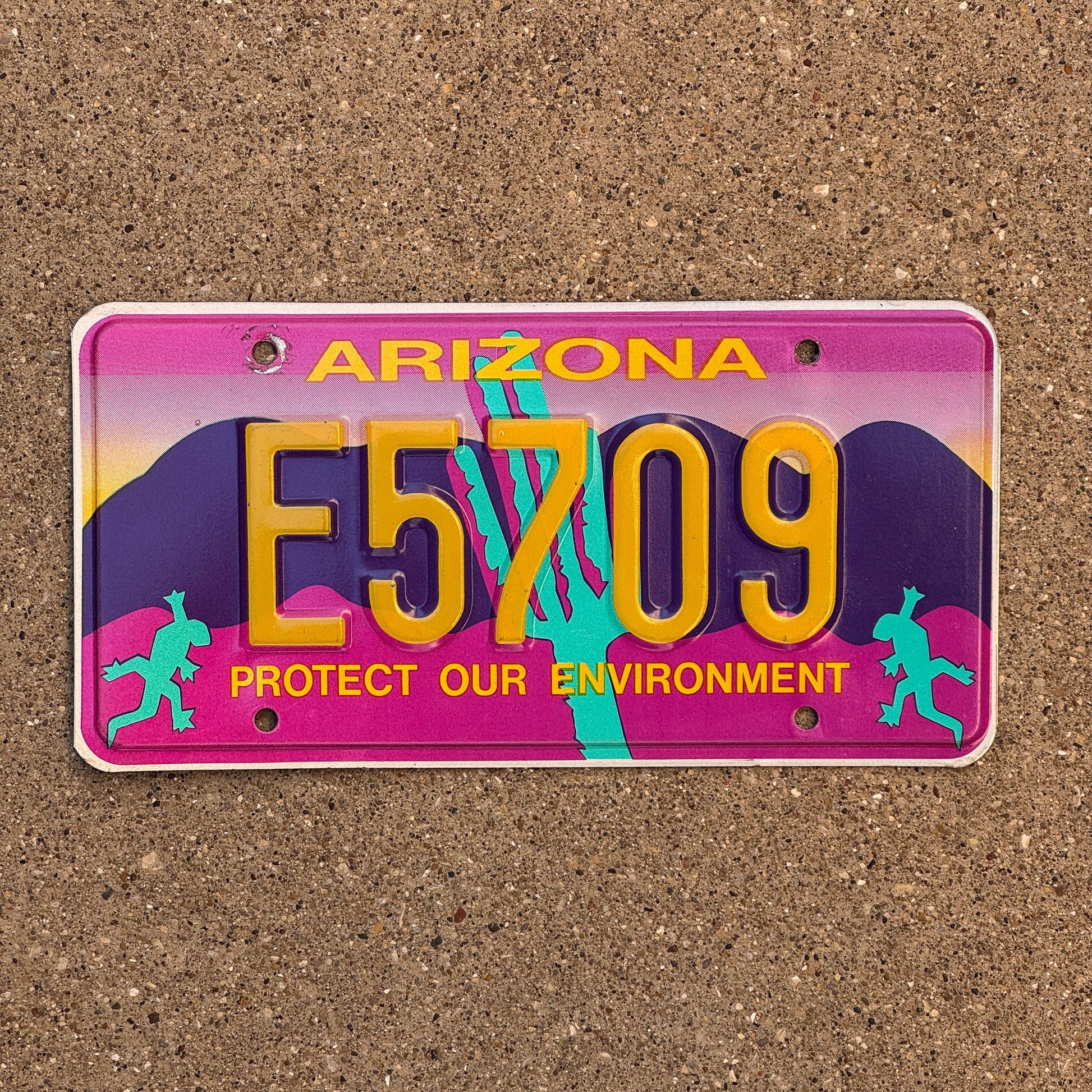 Photo of a 1992 Arizona Graphic / Specialty License Plate Auto Tag Garage Decor Vintage Protect Our Environment E 5709 with original patina