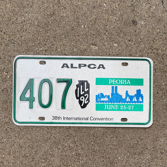 Photo of a 1992 Illinois License Plate Auto Tag Garage Decor Vintage Peoria ALPCA Convention 407