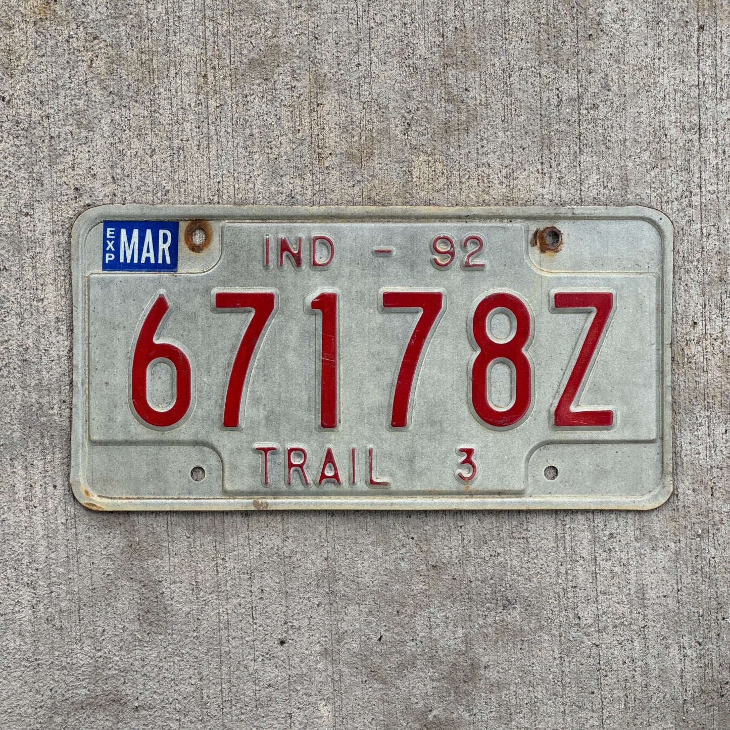Photo of a 1992 Indiana Trailer License Plate Auto Tag Garage Decor Vintage 67178 Z with original patina