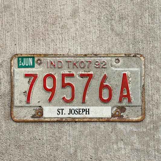 Photo of a 1992 Indiana Truck License Plate Auto Tag Garage Decor Vintage 79576 A with original patina