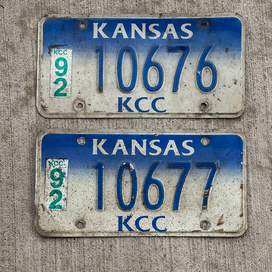 Photo of a 1992 Kansas Corporation Commission License Plate Pair Auto Tag Garage Decor Vintage 10676 with original patina