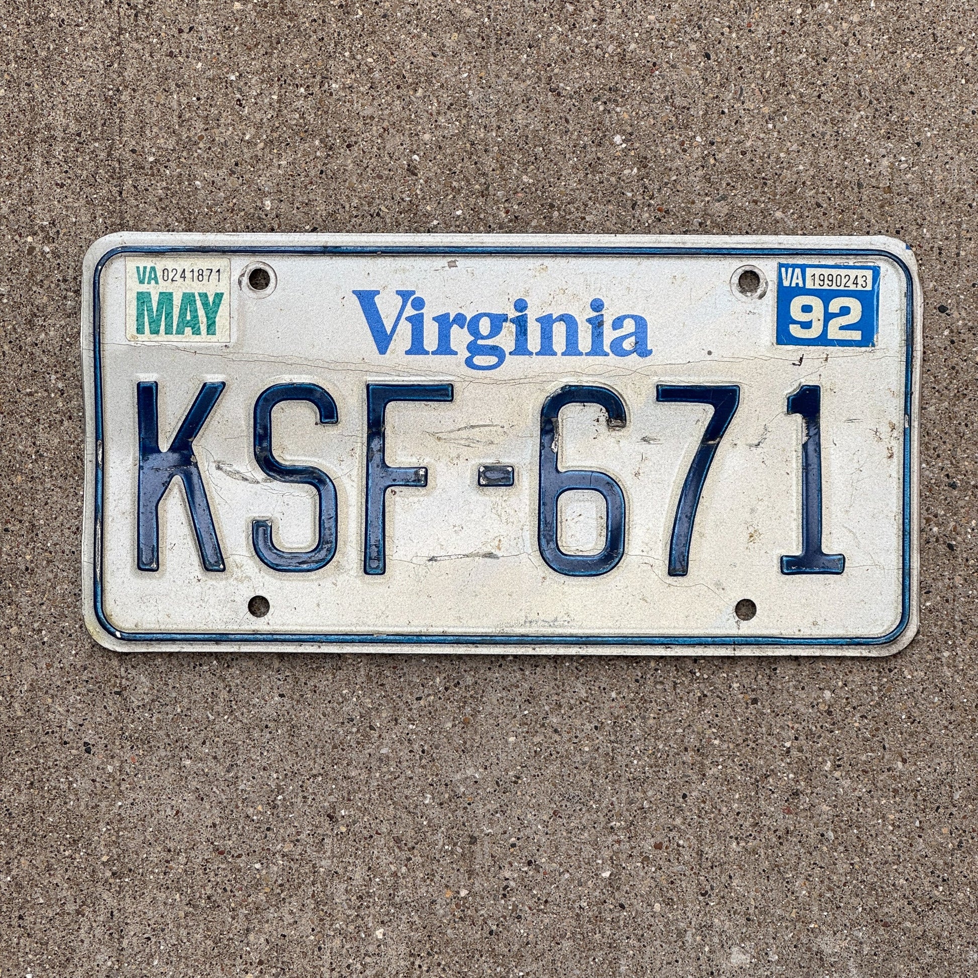 Photo of a 1992 Virginia License Plate Auto Tag Garage Decor Vintage KSF 671