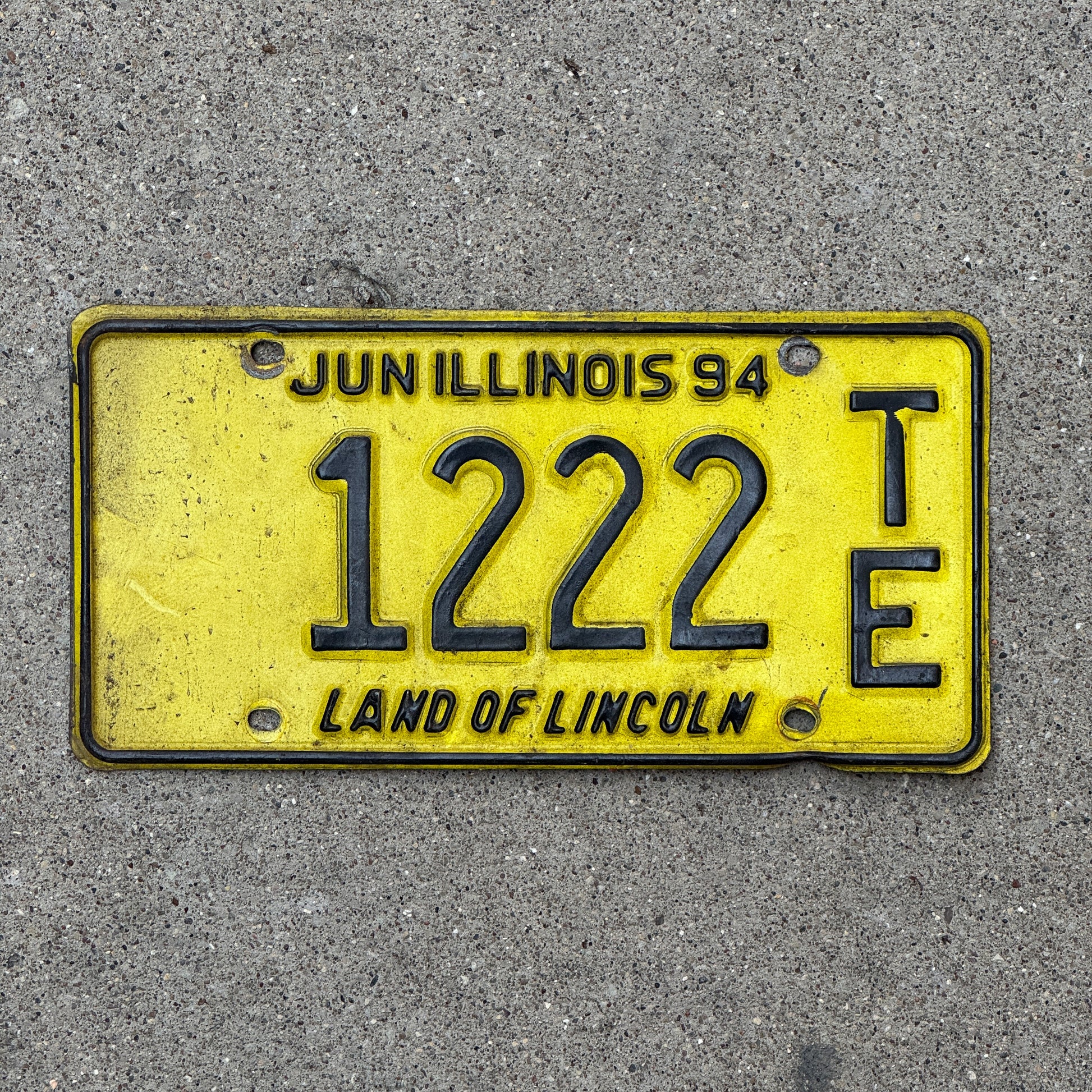 Photo of a 1993 1994 Illinois Trailer License Plate Auto Tag Garage Decor Vintage Repeat Repeating 1222 TE with original patina