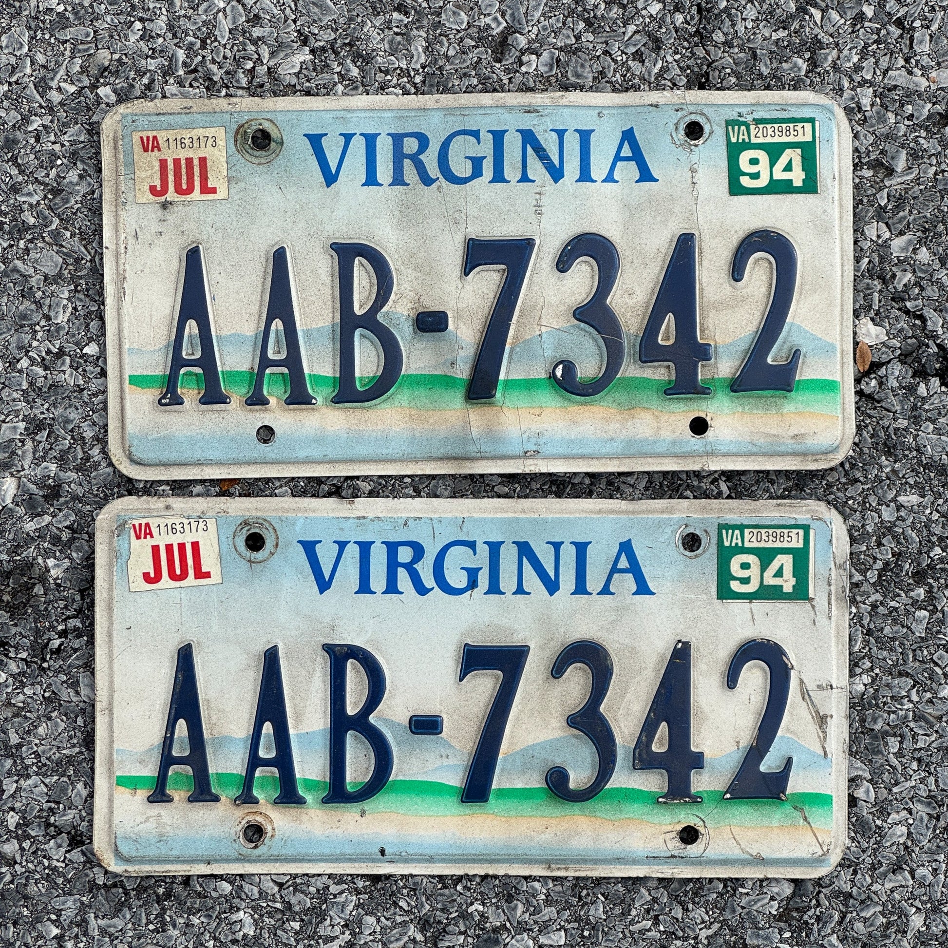 Photo of a 1993 1994 Virginia Graphic / Specialty License Plate Pair Auto Tag Garage Decor Vintage Scenic Base AAB 7342