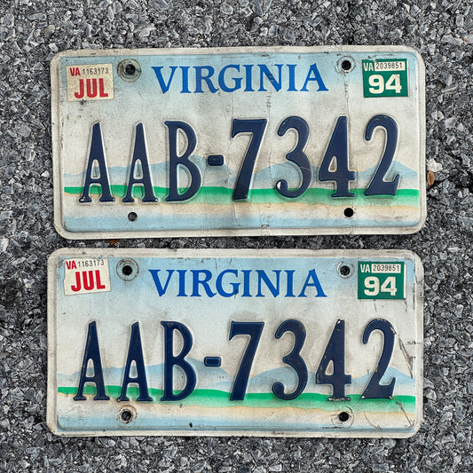 Photo of a 1993 1994 Virginia Graphic / Specialty License Plate Pair Auto Tag Garage Decor Vintage Scenic Base AAB 7342