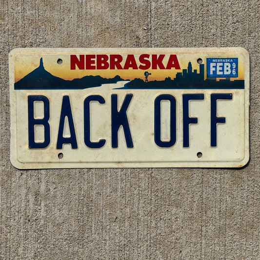 Photo of a 1993 1996 Nebraska Vanity License Plate Auto Tag Garage Decor Vintage BACK OFF with original patina