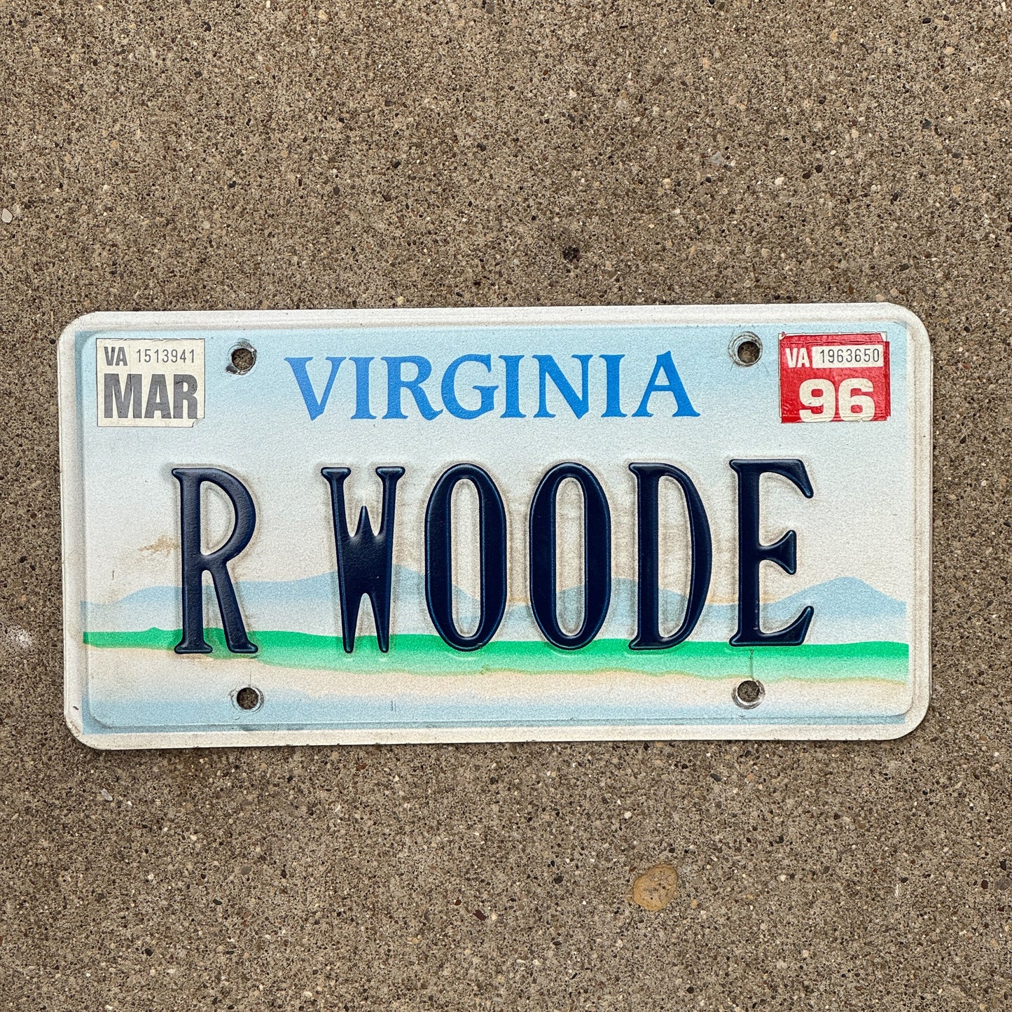 Photo of a 1993 1996 Virginia Vanity License Plate Auto Tag 1 Garage Decor Scenic Base R WOODE with original patina