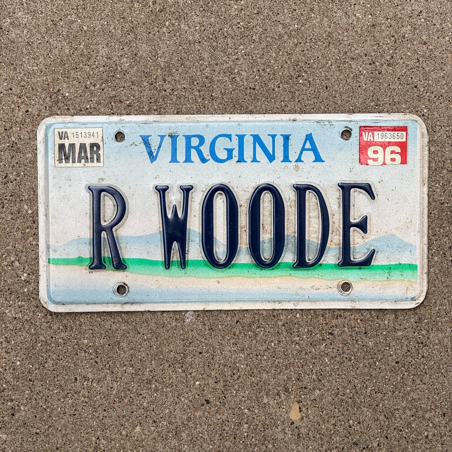 Photo of a 1993 1996 Virginia Vanity License Plate Auto Tag 2 Garage Decor Scenic Base R WOODE with original patina