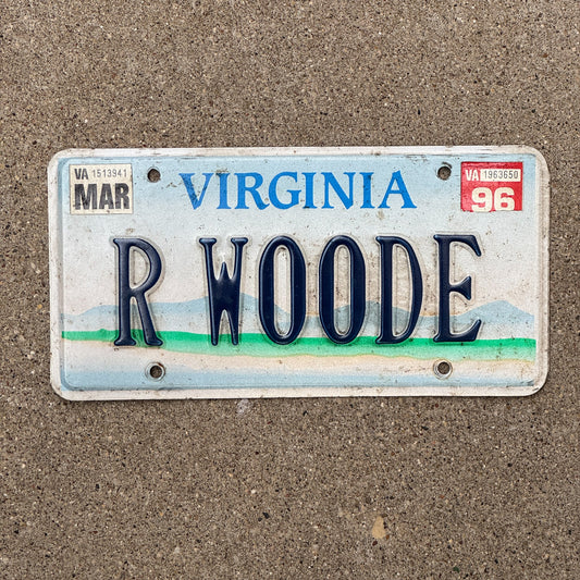 Photo of a 1993 1996 Virginia Vanity License Plate Auto Tag 2 Garage Decor Scenic Base R WOODE with original patina