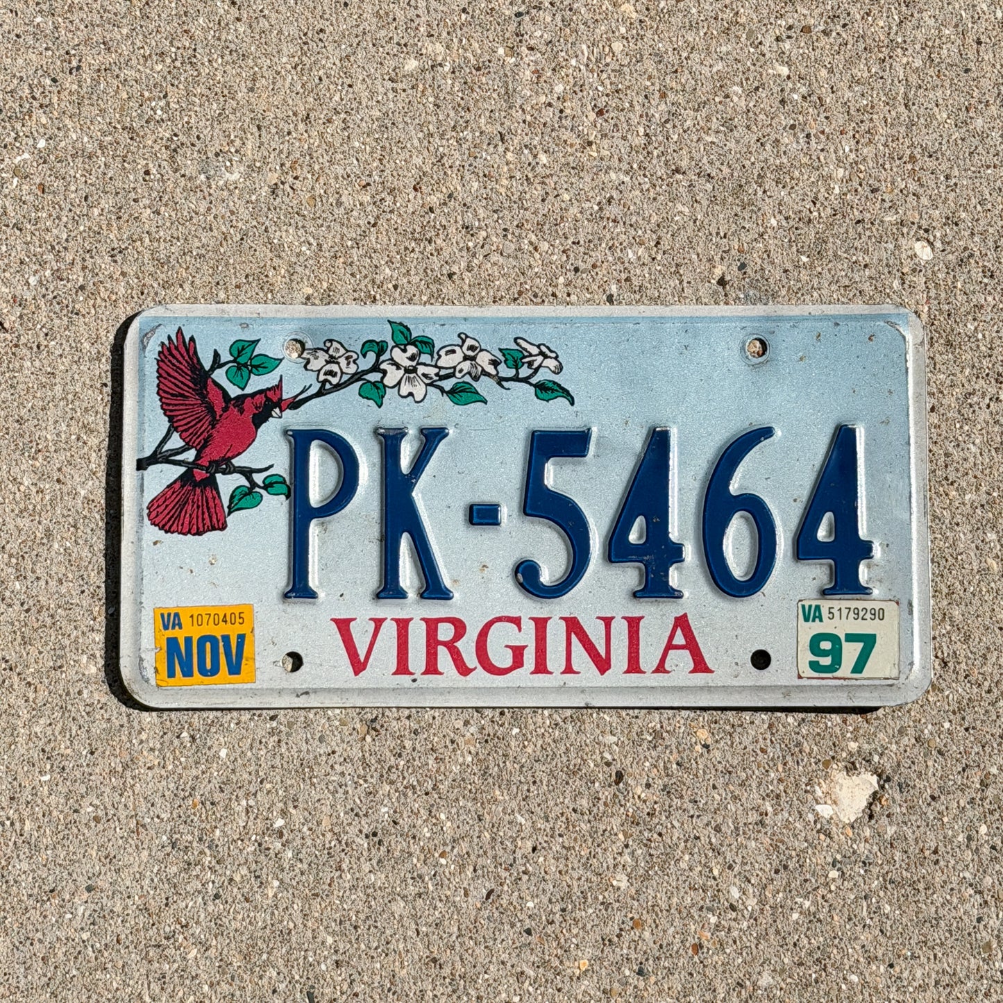 Photo of a 1993 1997 Virginia Graphic / Specialty License Plate Auto Tag Garage Decor Vintage Heritage Cardinal PK 5464 with original patina