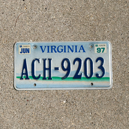 Photo of a 1993 1997 Virginia Graphic / Specialty License Plate Auto Tag Garage Decor Vintage Scenic ACH 9203 with original patina
