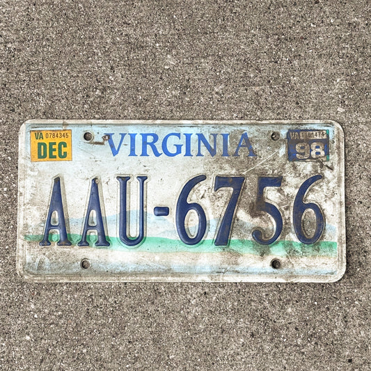 Photo of a 1993 1998 Virginia Graphic / Specialty License Plate Auto Tag Garage Decor Vintage Scenic Base AAU 6756 with original patina