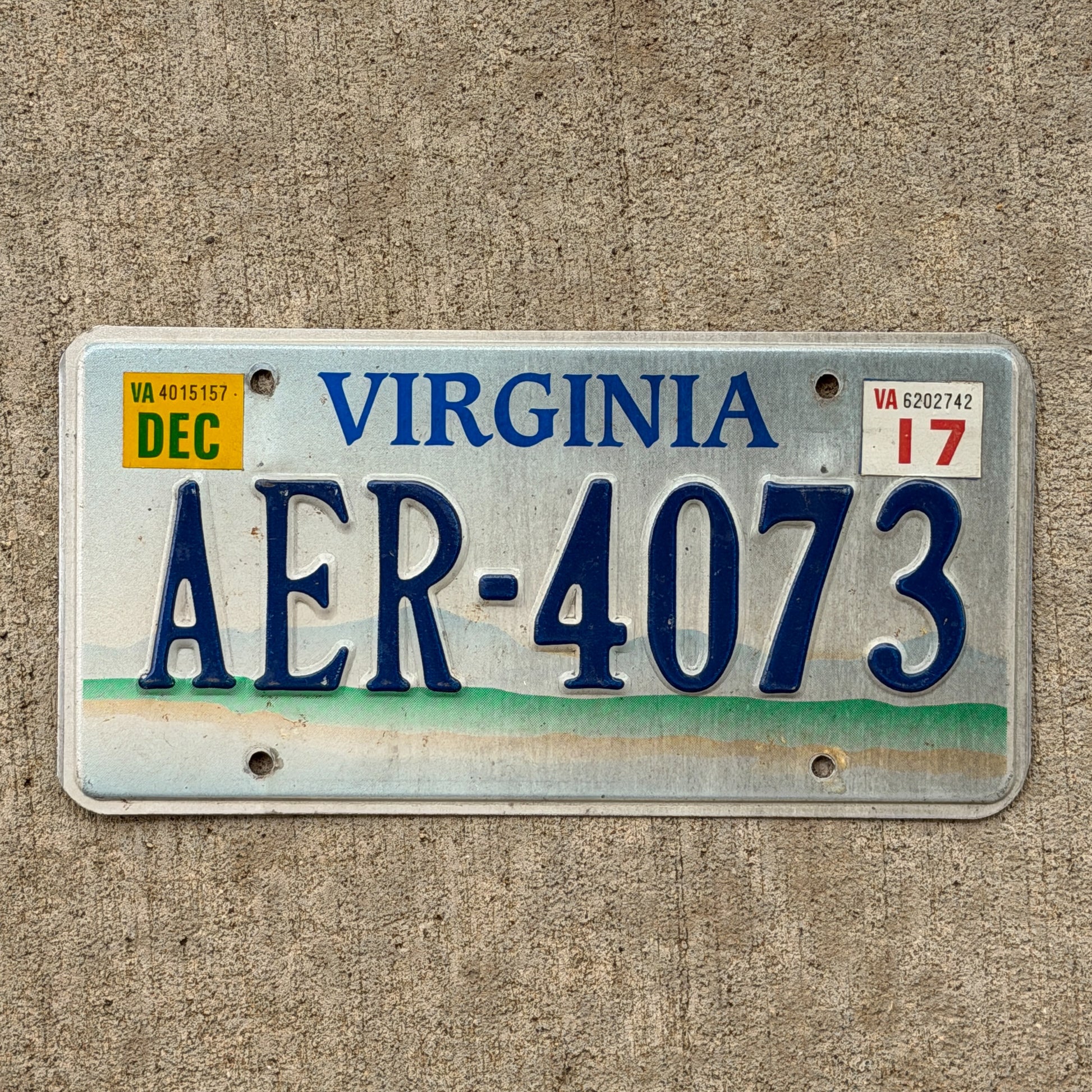 Photo of a 1993 2017 Virginia Graphic / Specialty License Plate Auto Tag 2 Vintage Garage Scenic Base AER 4073 with original patina
