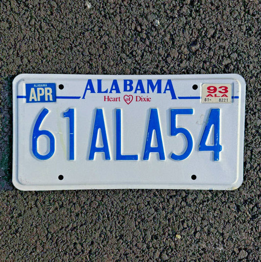 Photo of a 1993 Alabama License Plate Auto Tag Garage Decor Vintage Heart of Dixie 61 ALA 54