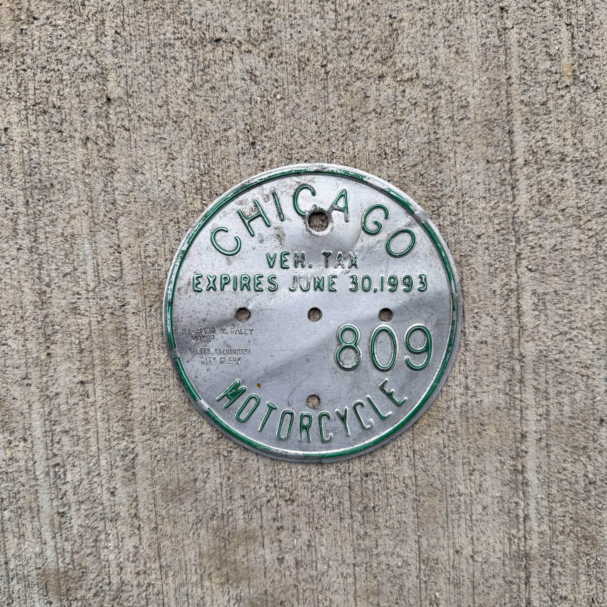 Photo of a 1993 Illinois Motorcycle Tax Tag License Plate Auto Tag Garage Decor Vintage 809 with original patina