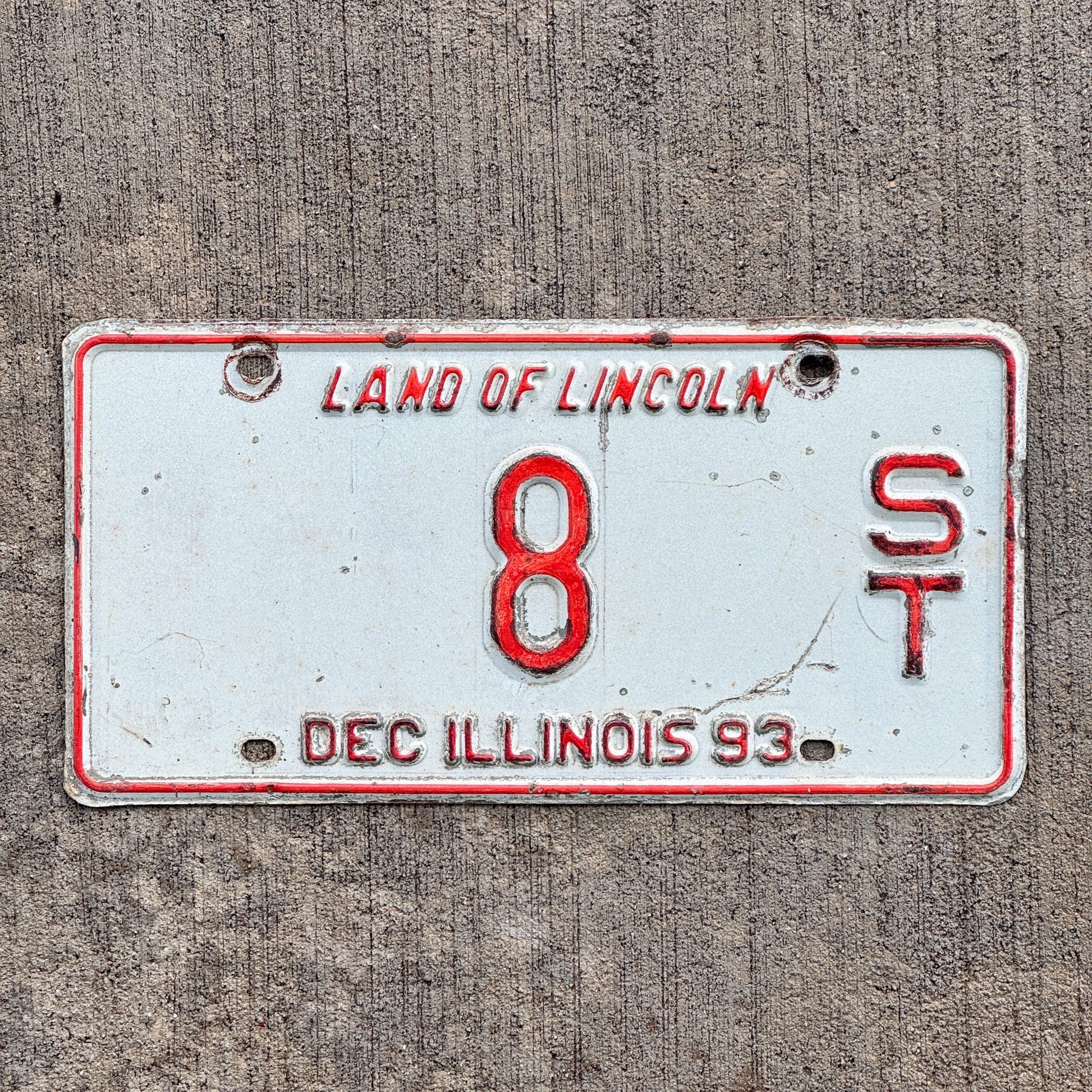 Photo of a 1993 Illinois Semi Trailer License Plate Auto Tag Garage Decor Vintage Low Number Single Digit 8 with original patina