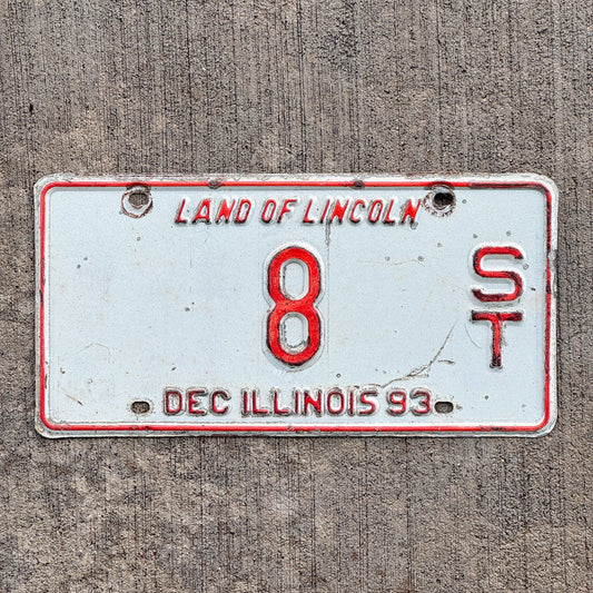 Photo of a 1993 Illinois Semi Trailer License Plate Auto Tag Garage Decor Vintage Low Number Single Digit 8 with original patina