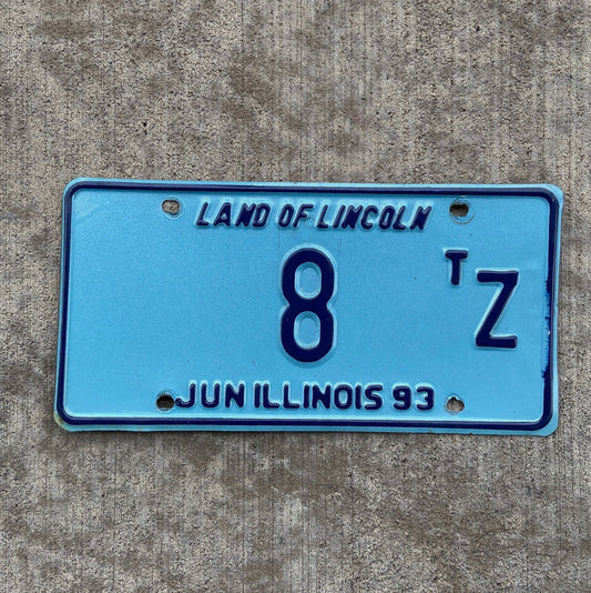 Photo of a 1993 Illinois Truck Tractor License Plate Auto Tag Garage Decor Vintage Low Number Single Digit 8 TZ with original patina