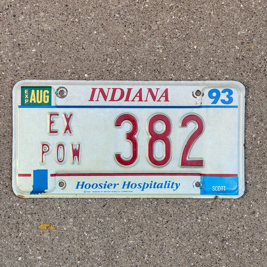 Photo of a 1993 Indiana Ex Prisoner of War License Plate Auto Tag Garage Decor Vintage POW 382 with original patina