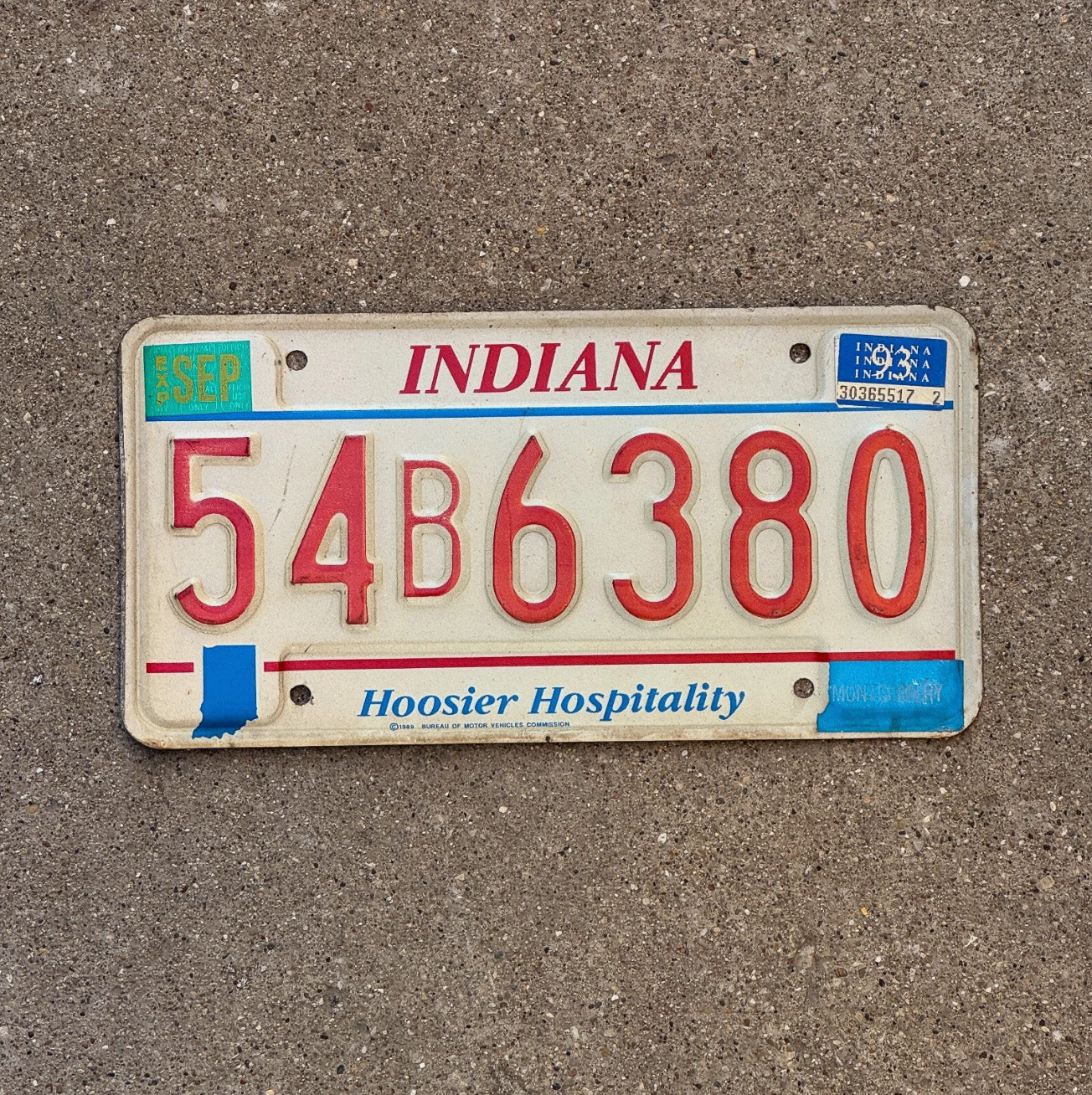 Photo of a 1993 Indiana License Plate Auto Tag Garage Decor 54 B 6380