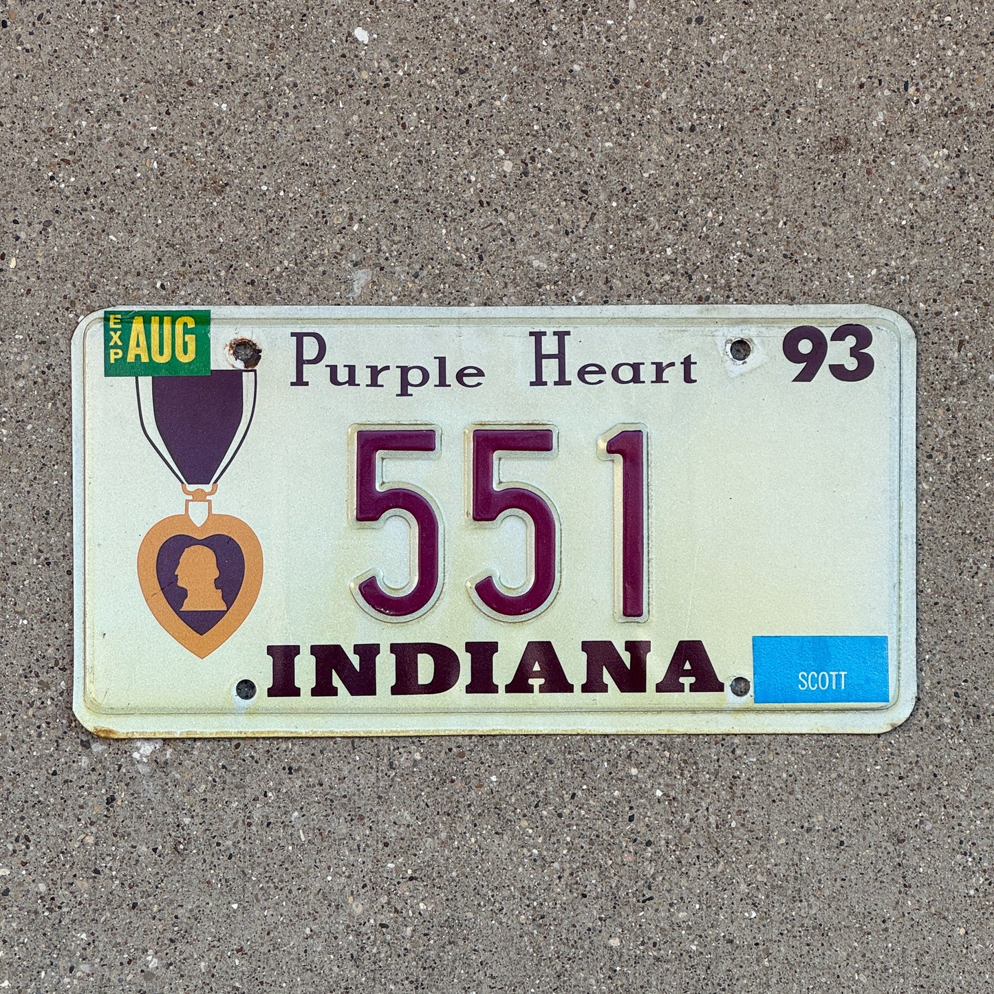 Photo of a 1993 Indiana Military License Plate Auto Tag Garage Decor Vintage Purple Heart 551 with original patina