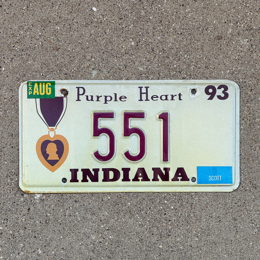 Photo of a 1993 Indiana Military License Plate Auto Tag Garage Decor Vintage Purple Heart 551 with original patina
