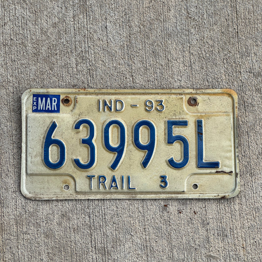 Photo of a 1993 Indiana Trailer License Plate Auto Tag Garage Decor Vintage 63995 L with original patina