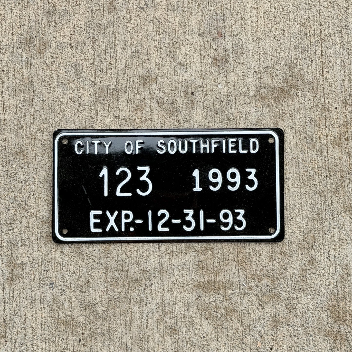 Photo of a 1993 Michigan License Plate Auto Tag Garage Decor Vintage City of Southfield 123 with original patina