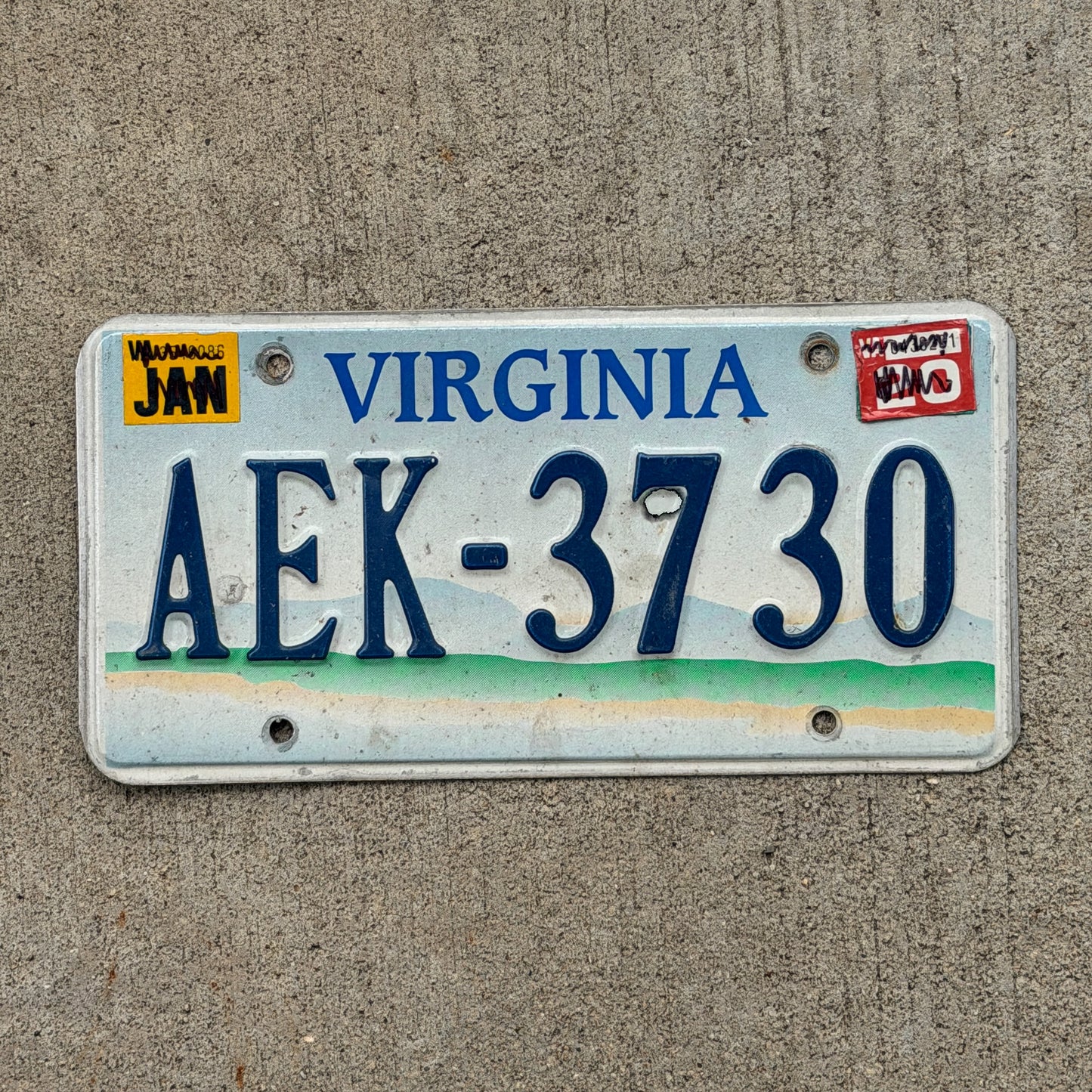 Photo of a 1993 Virginia Graphic / Specialty License Plate Auto Tag 1 Vintage Garage Scenic Base AEK 3730 with original patina
