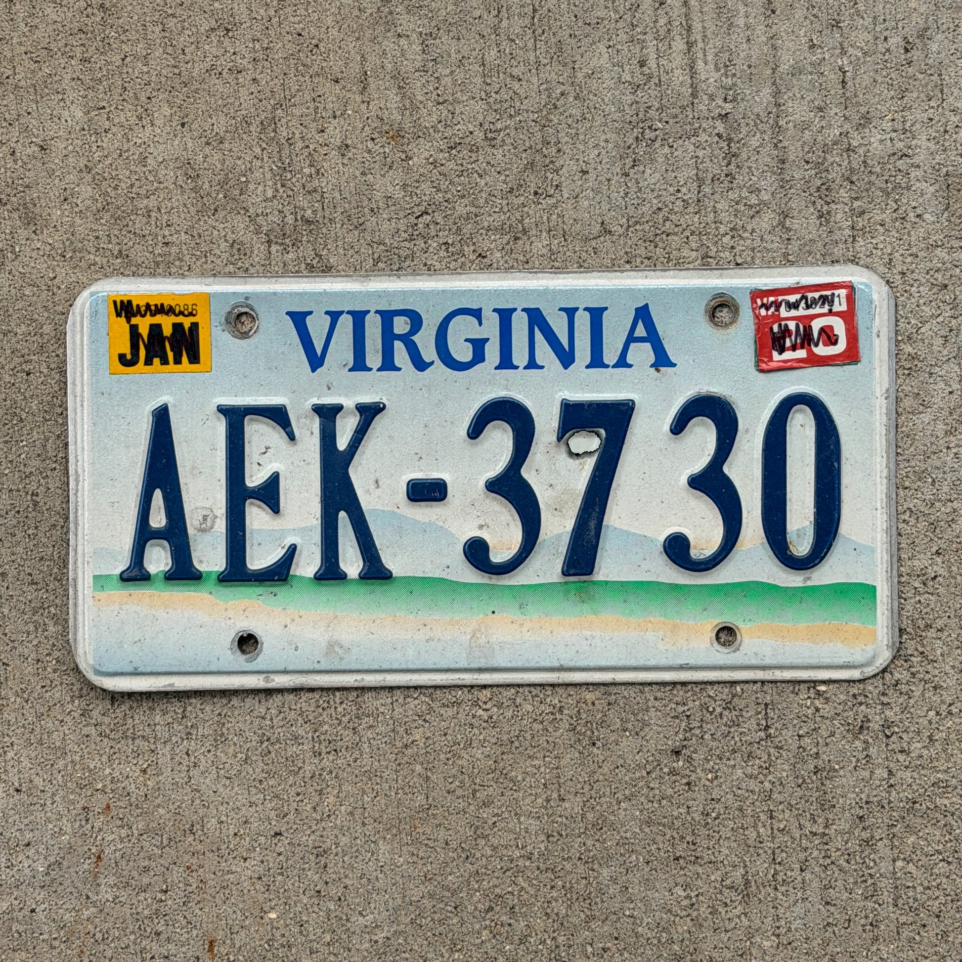 Photo of a 1993 Virginia Graphic / Specialty License Plate Auto Tag 1 Vintage Garage Scenic Base AEK 3730 with original patina