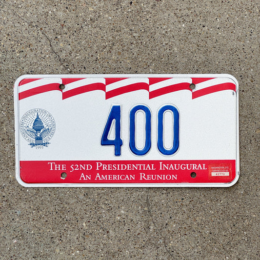 Photo of a 1993 Washington DC Inaugural License Plate Auto Tag Garage Decor Vintage Clinton Politics Political Low Number Three Digit 400 with original patina