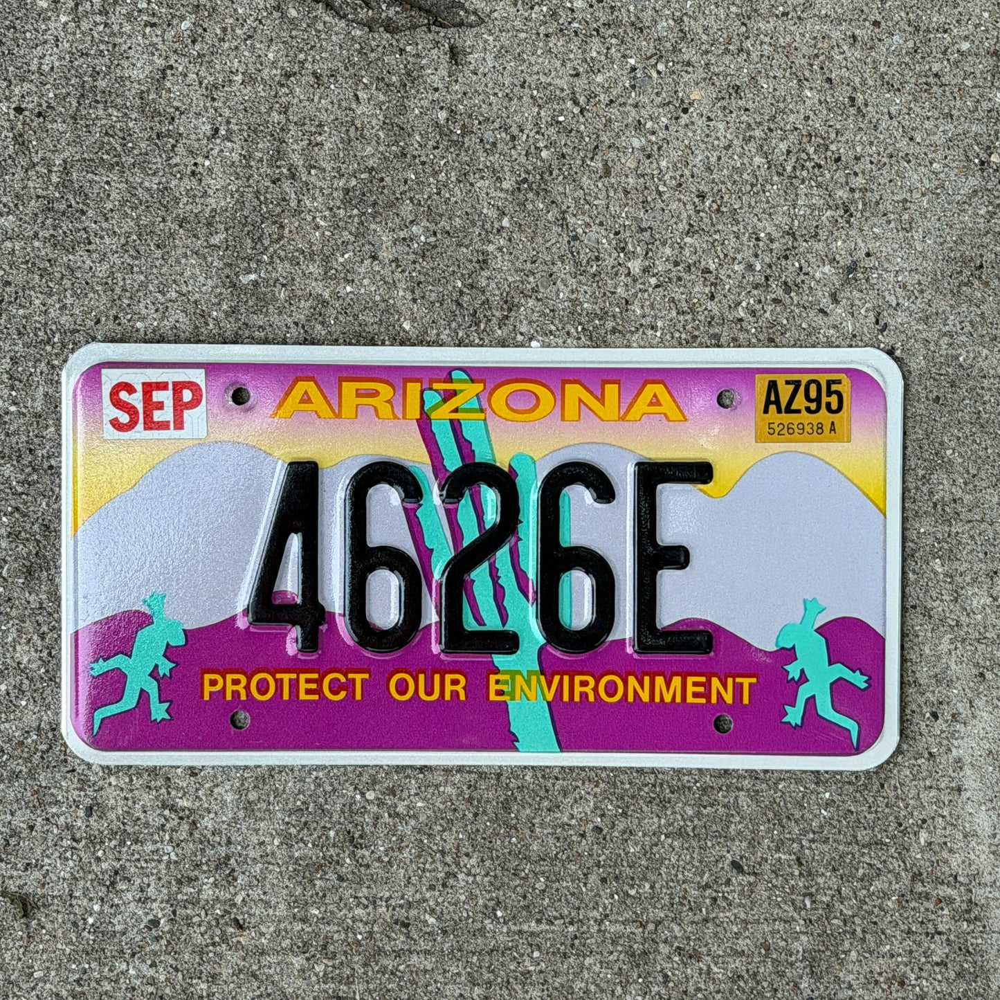 Photo of a 1994 1995 Arizona Graphic / Specialty License Plate Auto Tag Garage Decor Vintage Protect Our Environment 4626 E with original patina