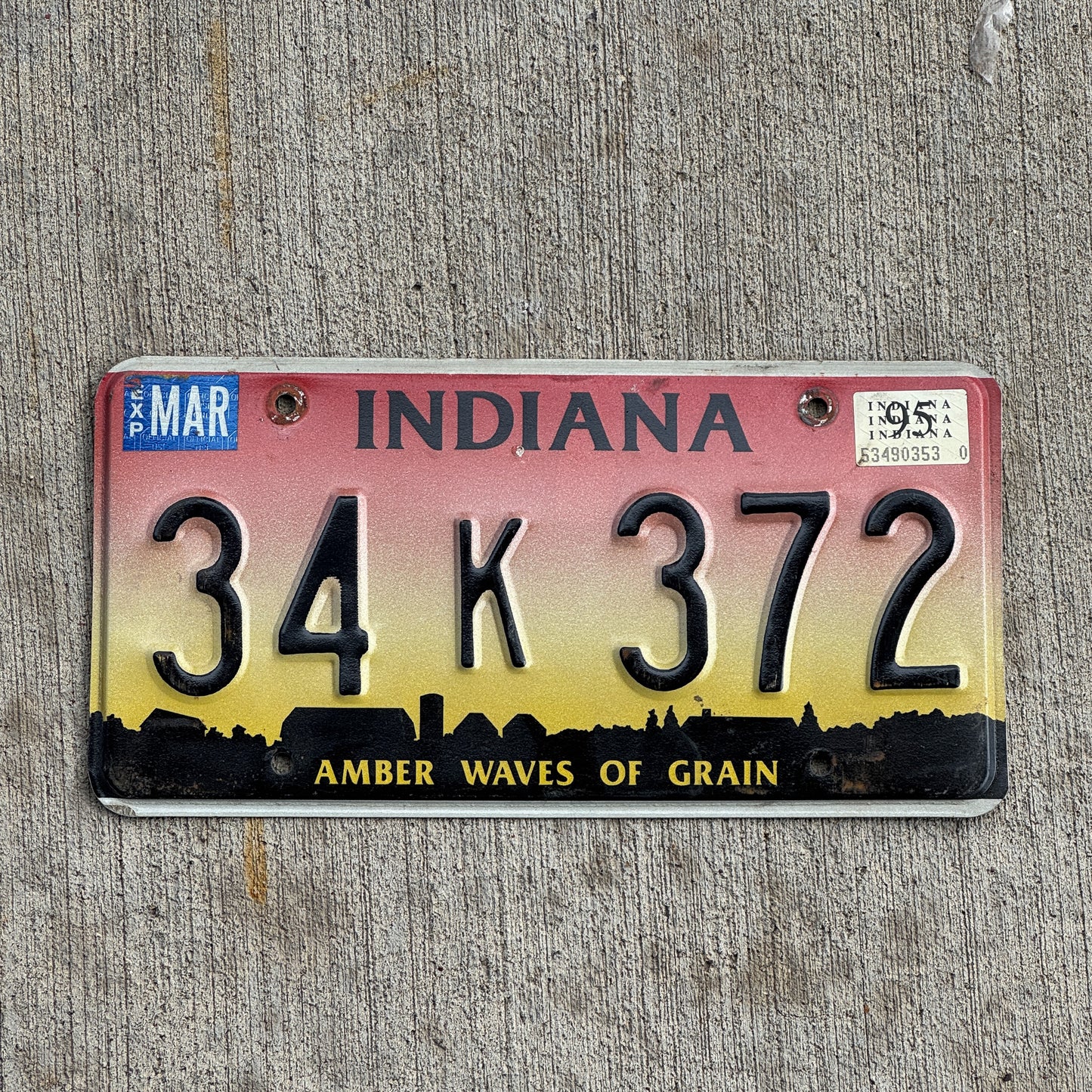 Photo of a 1994 1995 Indiana License Plate Auto Tag Garage Decor Vintage 34 K 372 with original patina