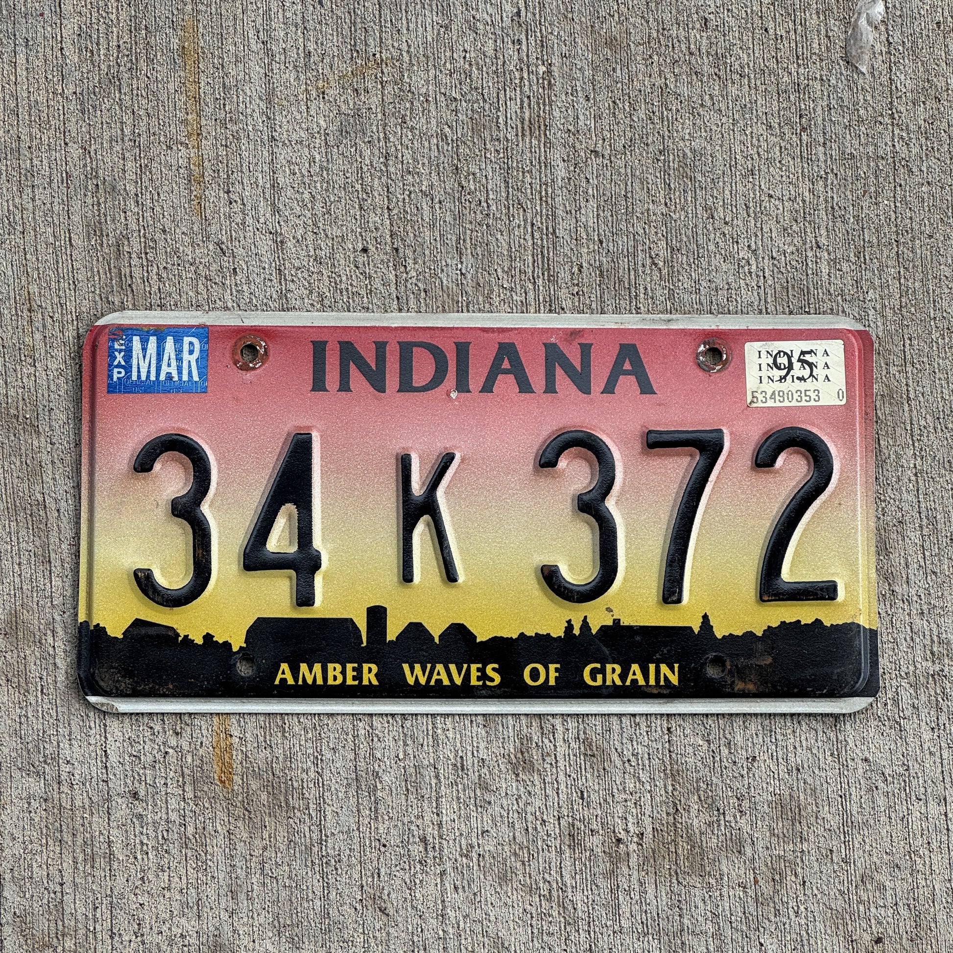 Photo of a 1994 1995 Indiana License Plate Auto Tag Garage Decor Vintage 34 K 372 with original patina