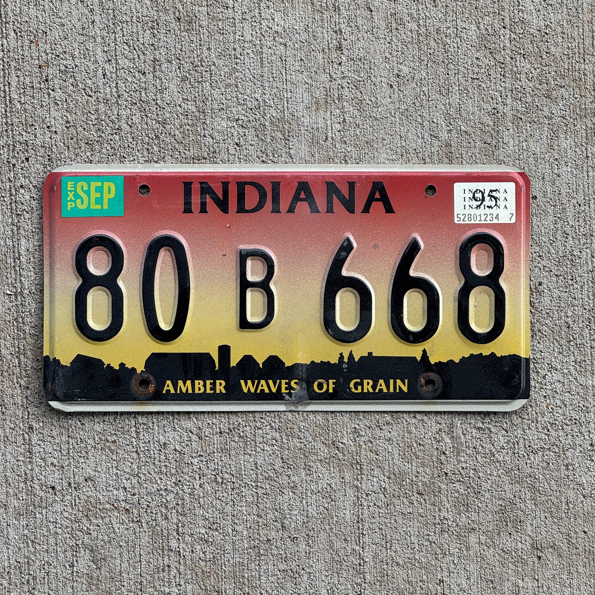 Photo of a 1994 1995 Indiana License Plate Auto Tag Garage Decor Vintage 80 B 668 with original patina