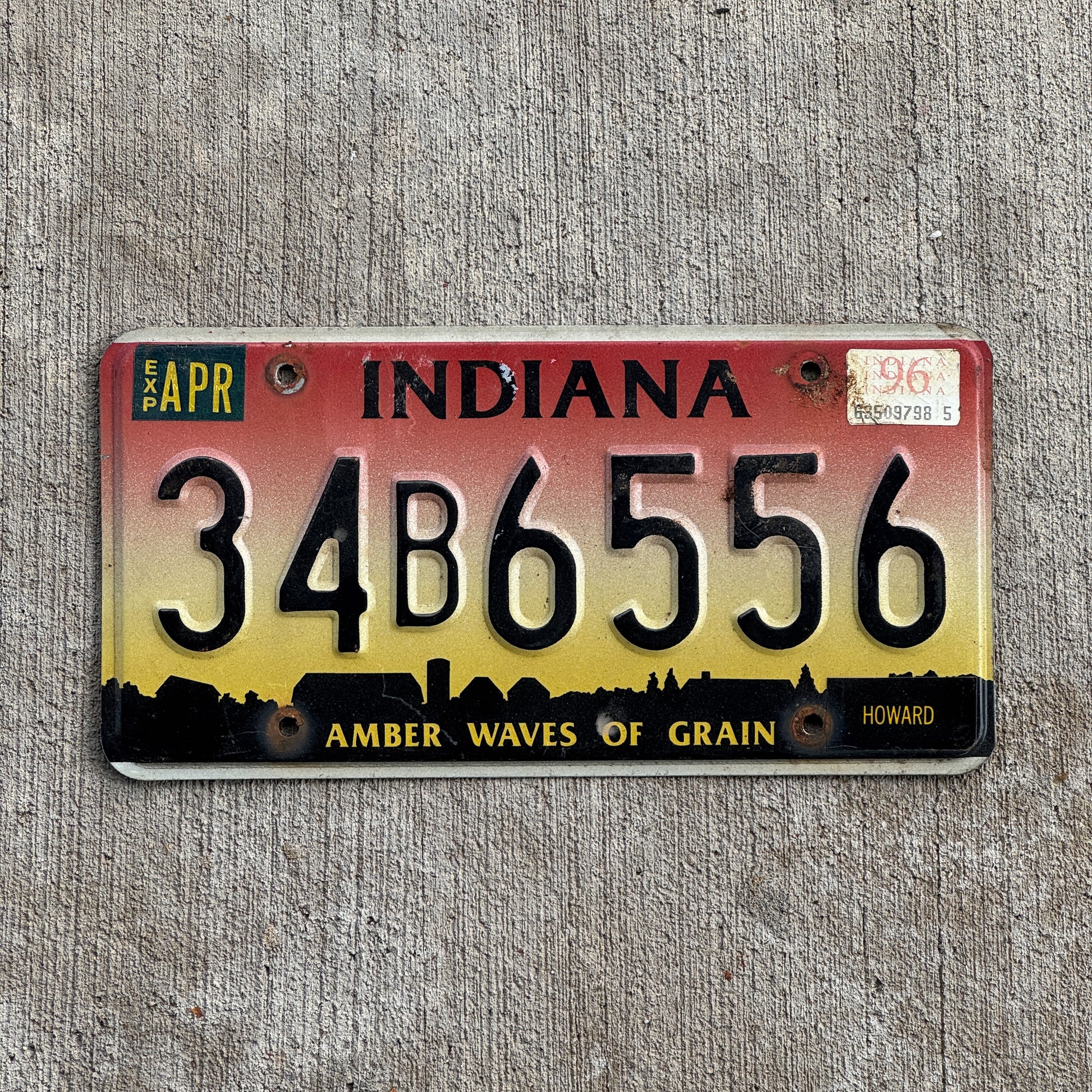 Photo of a 1994 1996 Indiana License Plate Auto Tag Garage Decor Vintage 34 B 6556 with original patina