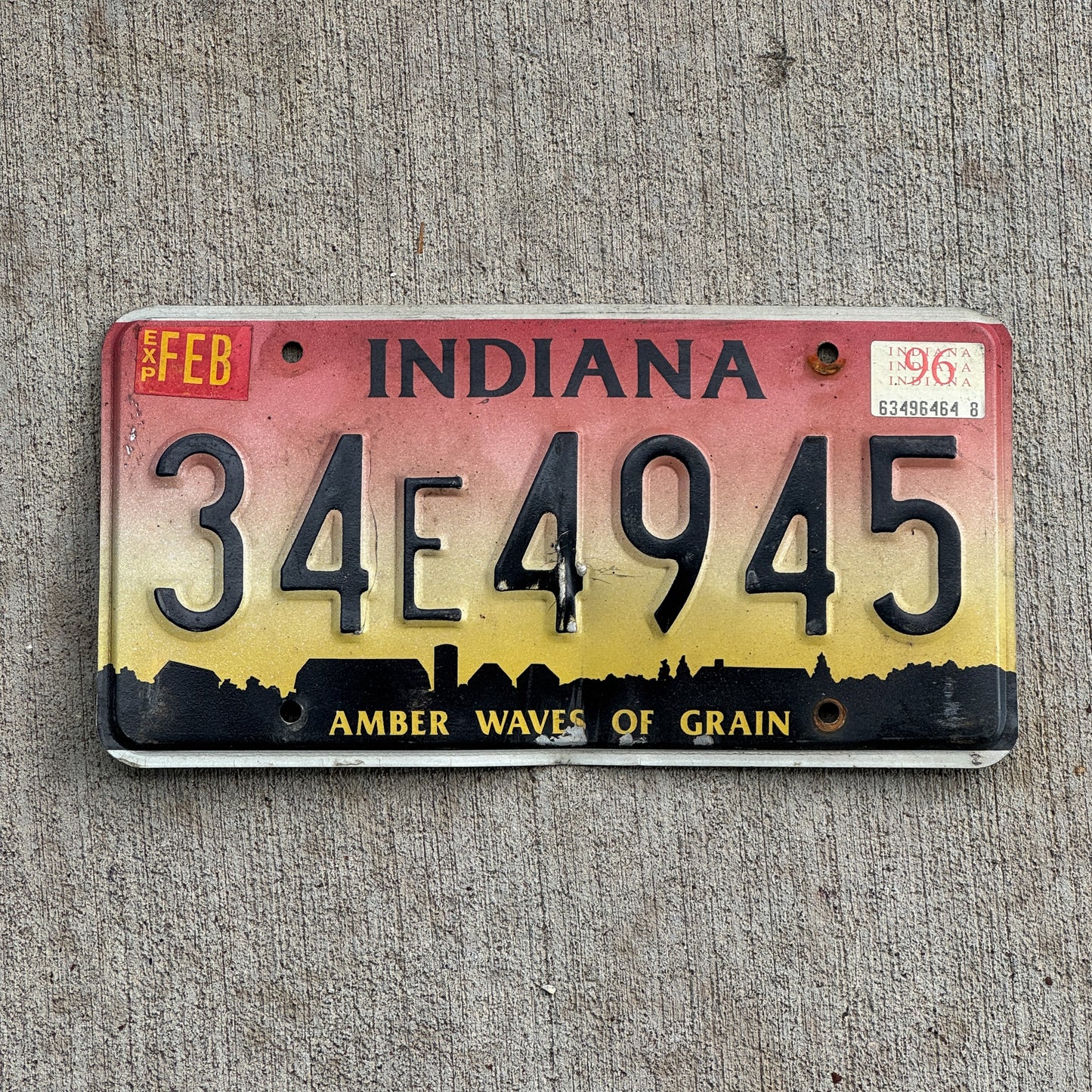 Photo of a 1994 1996 Indiana License Plate Auto Tag Garage Decor Vintage 34 E 4945 with original patina