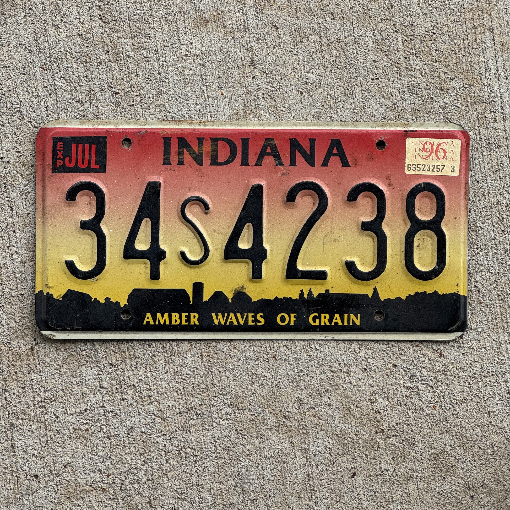 Photo of a 1994 1996 Indiana License Plate Auto Tag Garage Decor Vintage 34 S 4238 with original patina