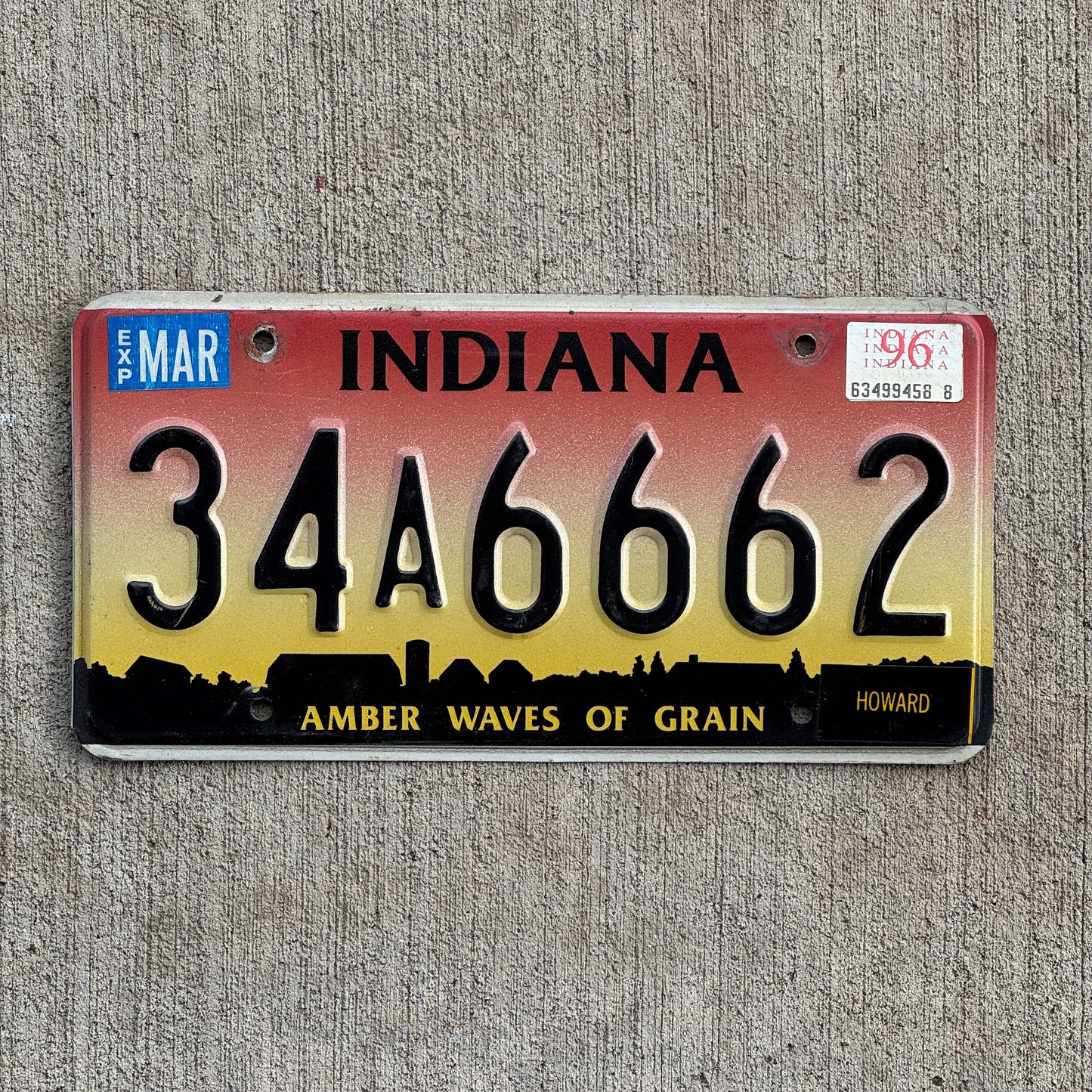 Photo of a 1994 1996 Indiana License Plate Auto Tag Garage Decor Vintage Devil Evil 666 Repeat Repeating 34 A 6662 with original patina