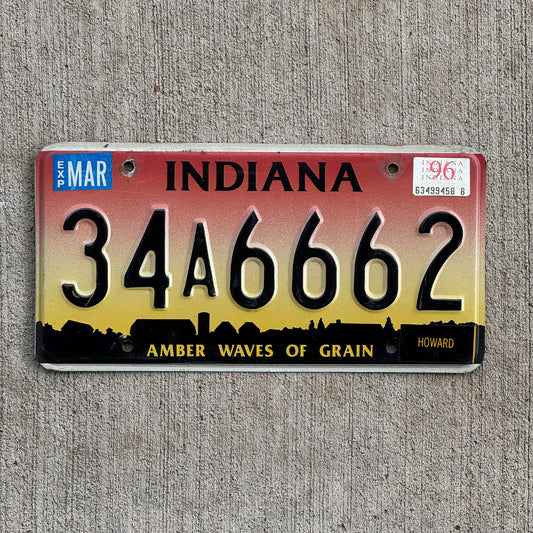 Photo of a 1994 1996 Indiana License Plate Auto Tag Garage Decor Vintage Devil Evil 666 Repeat Repeating 34 A 6662 with original patina