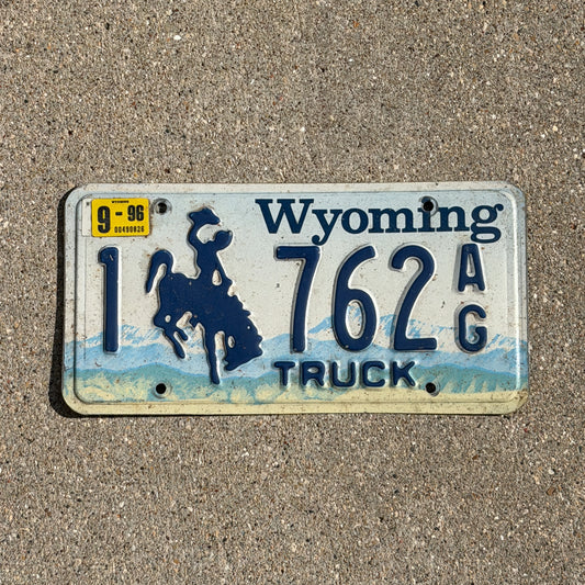 Photo of a 1994 1996 Wyoming Truck License Plate Auto Tag Garage Decor Vintage Cowboy Rodeo 1 762 AG with original patina
