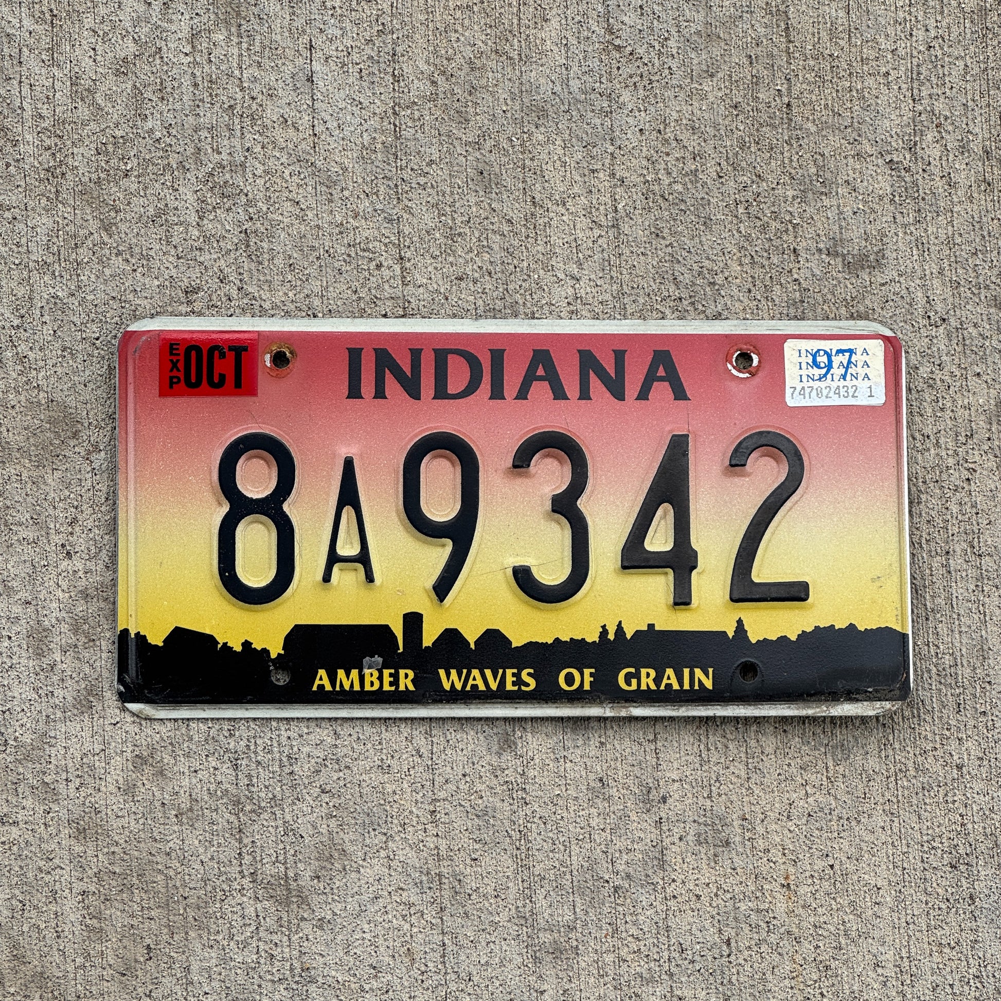 Photo of a 1994 1997 Indiana License Plate Auto Tag Garage Decor Vintage 8 A 9342 with original patina