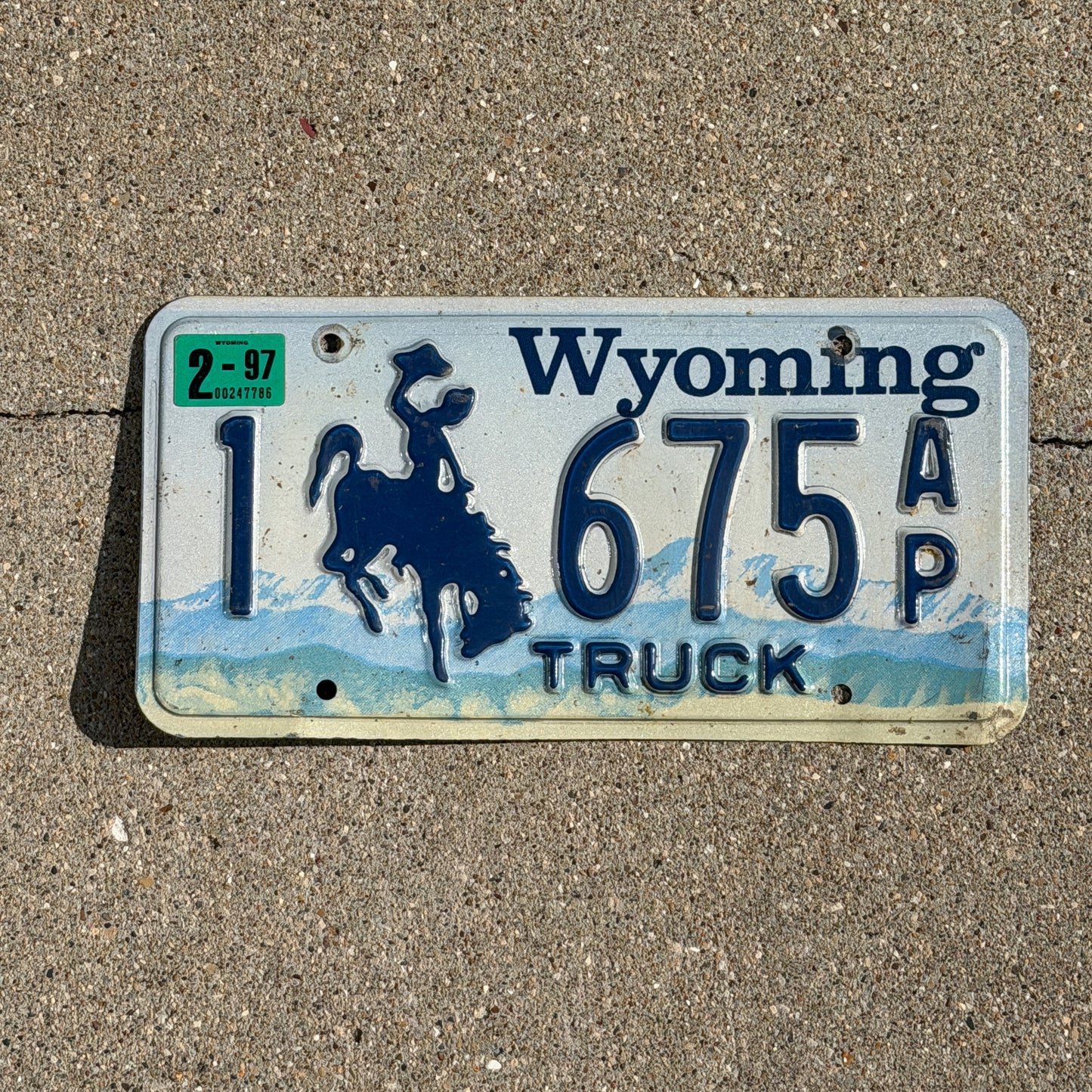 Photo of a 1994 1997 Wyoming Truck License Plate Auto Tag Garage Decor Vintage Cowboy Rodeo 1 675 AP with original patina