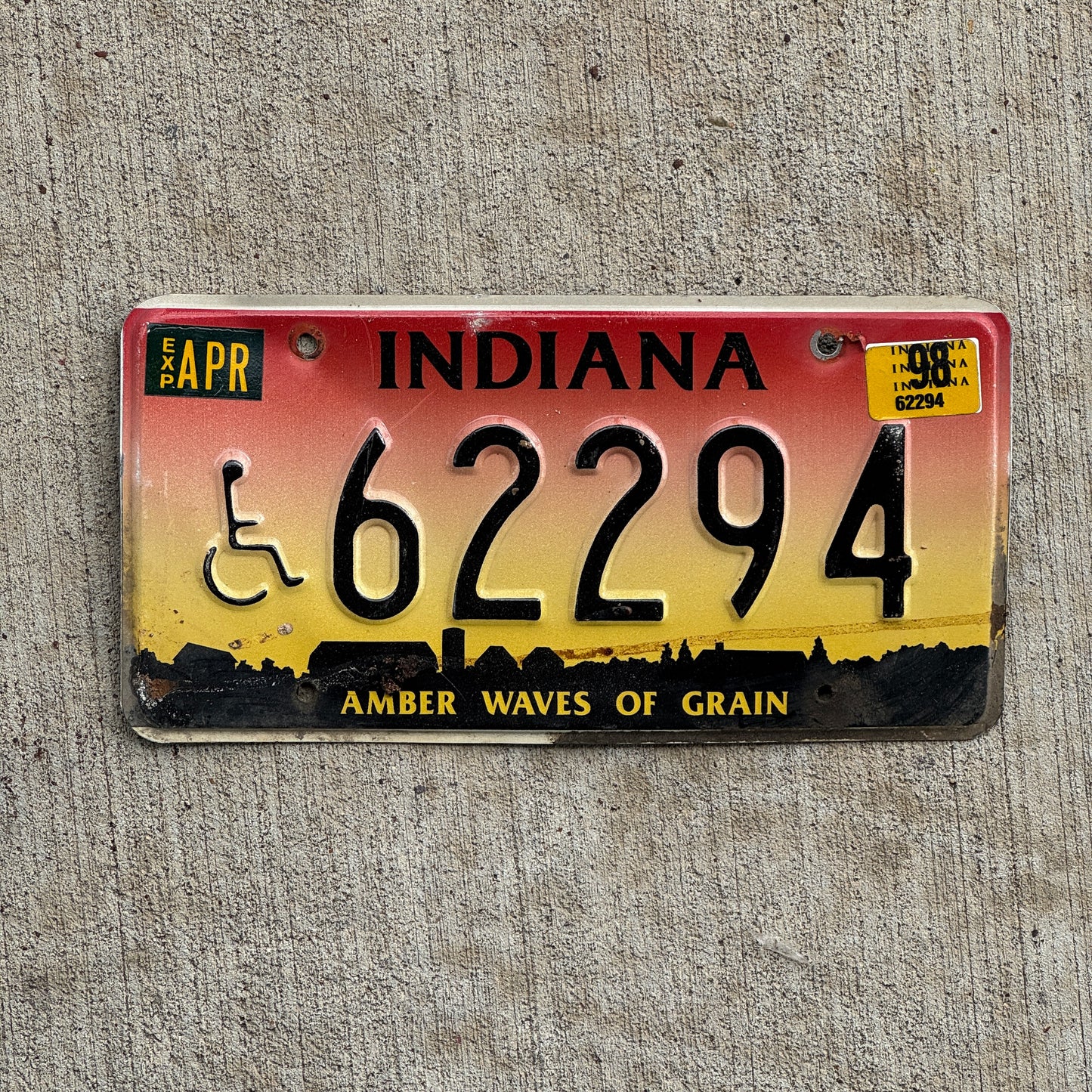 Photo of a 1994 1998 Indiana Handicap License Plate Auto Tag Garage Decor Vintage 62294 with original patina