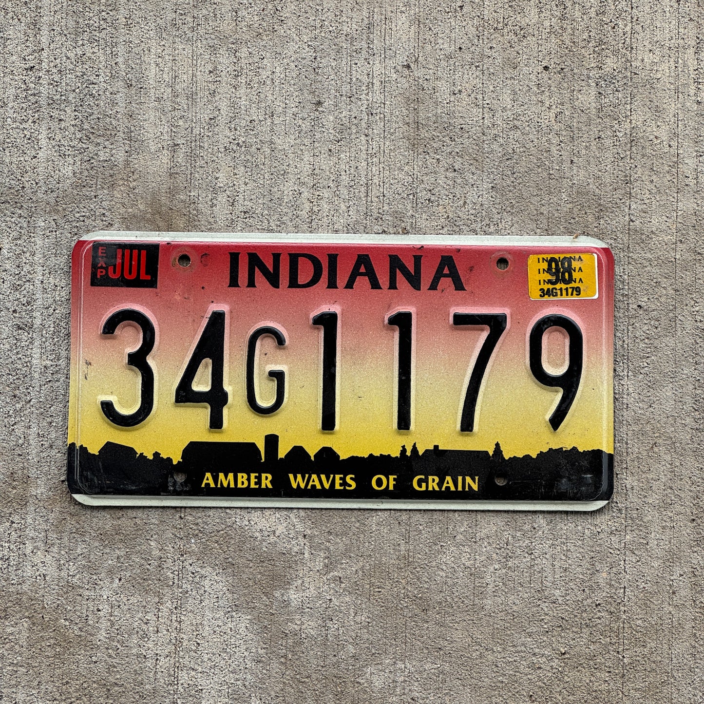 Photo of a 1994 1998 Indiana License Plate Auto Tag Garage Decor Vintage 34 G 1179 with original patina